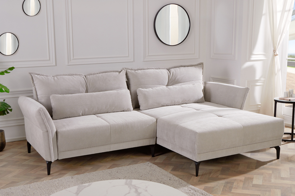 Modernes Ecksofa DESIGNO 250cm champagner beige Cord Couch inklusive Kissen Metallfüße