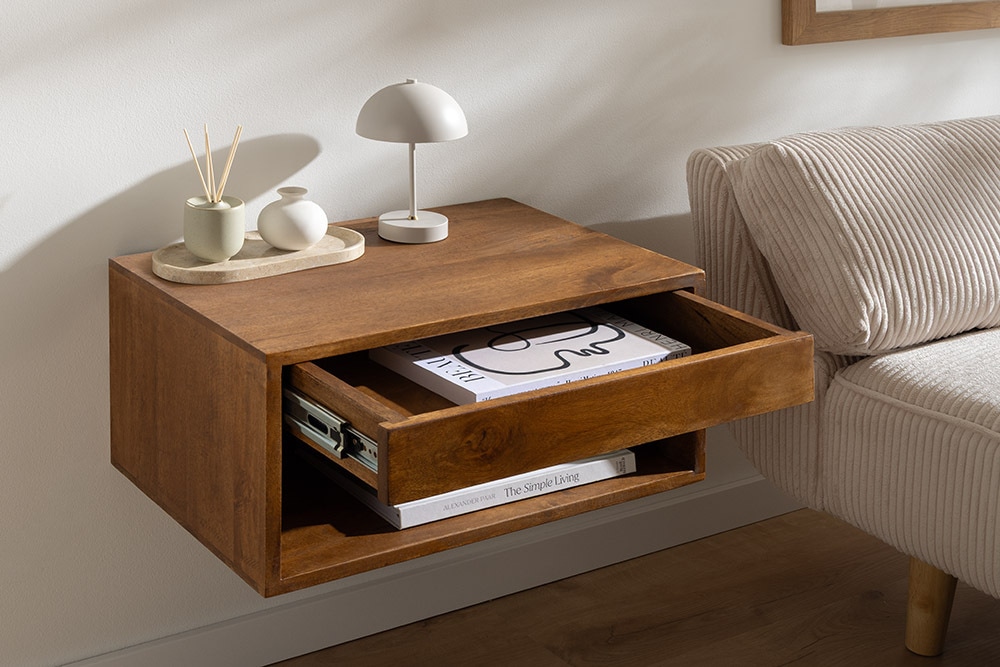 Hängender Nachttisch PURE 50cm braun Mangoholz honey finish Wandregal Schublade