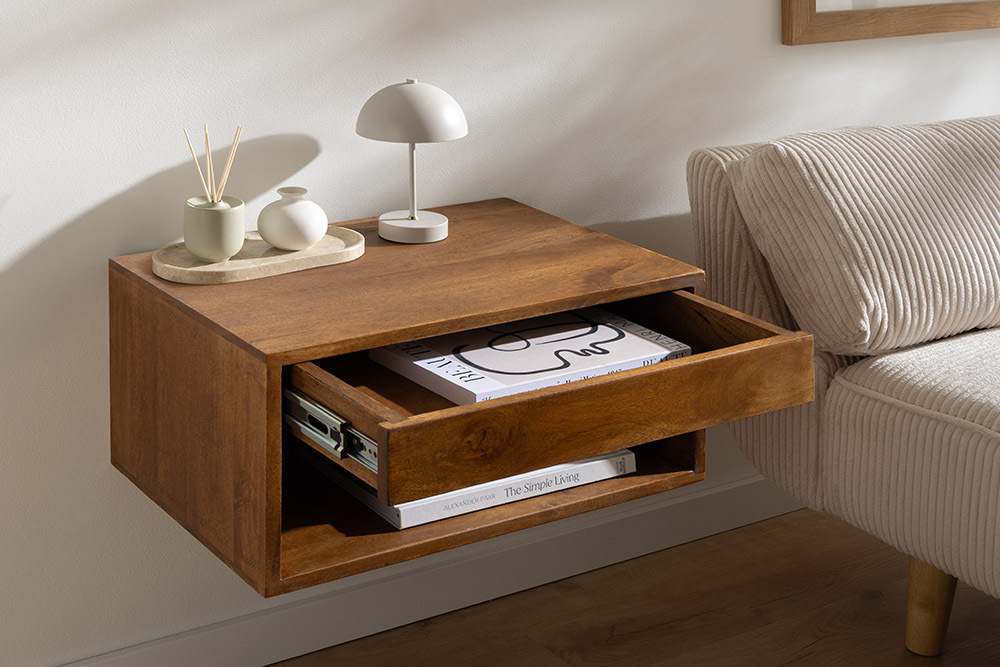Hängender Nachttisch PURE 50cm braun Mangoholz honey finish Wandregal Schublade Hängender Nachttisch PURE 50cm braun Mangoholz honey finish Wandregal Schublade