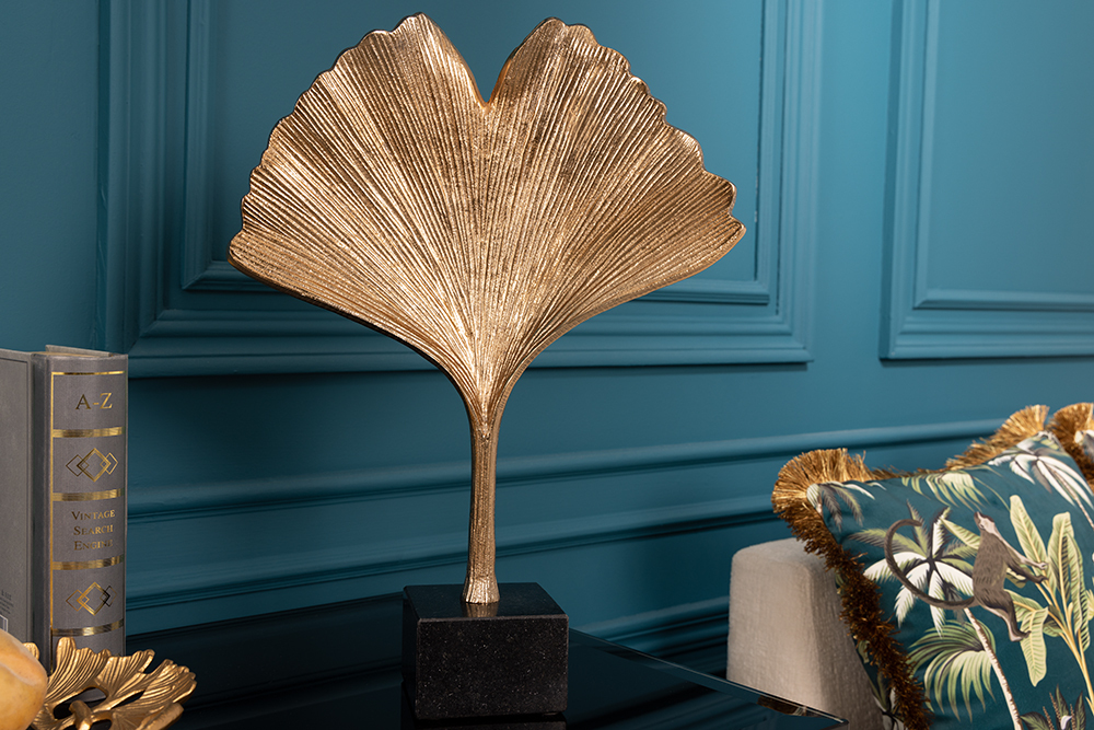 Dekorative Skulptur GINKGO LEAF 44cm gold handmade Metall mit Marmorsockel