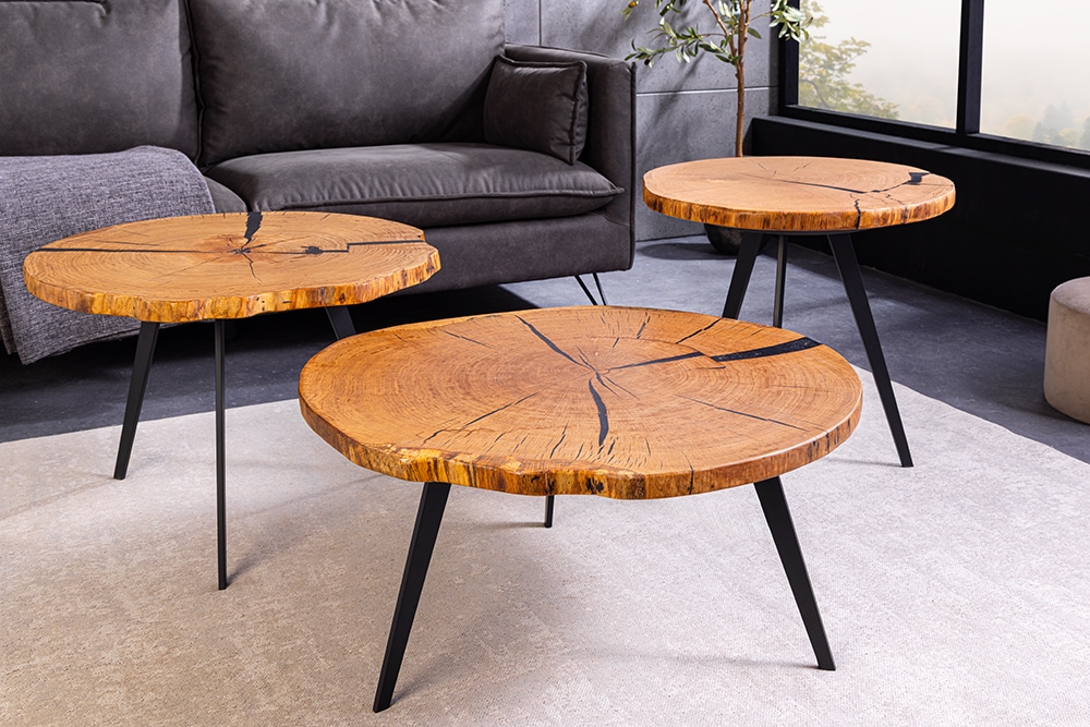 Runder Couchtisch ARBOR 65cm natur Eiche Massivholz schwarz Metall Beistelltisch