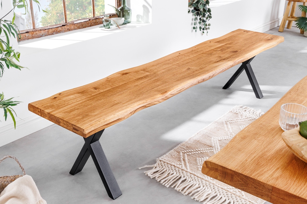 Massivholz Sitzbank WILD OAK 160cm Eiche Baumkante X-Gestell Industrial