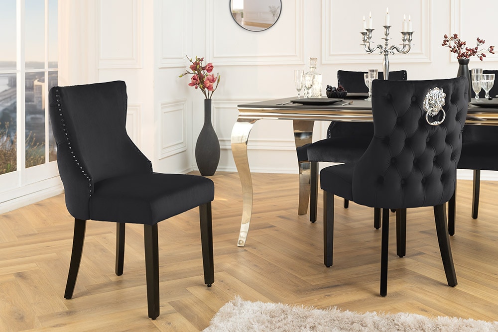 Chesterfield Stuhl CASTLE DELUXE schwarz Samt mit Löwenkopf Nieten