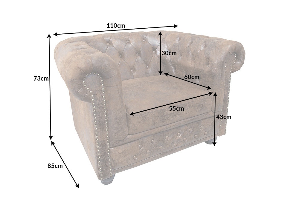 Chesterfield Sessel 110cm antik braun mit Knopfheftung und Federkern