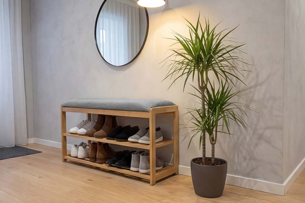 Stilvolle Schuhbank ZEN-BO 80cm natur grau Bambus Regal Sitzbank mit Stauraum