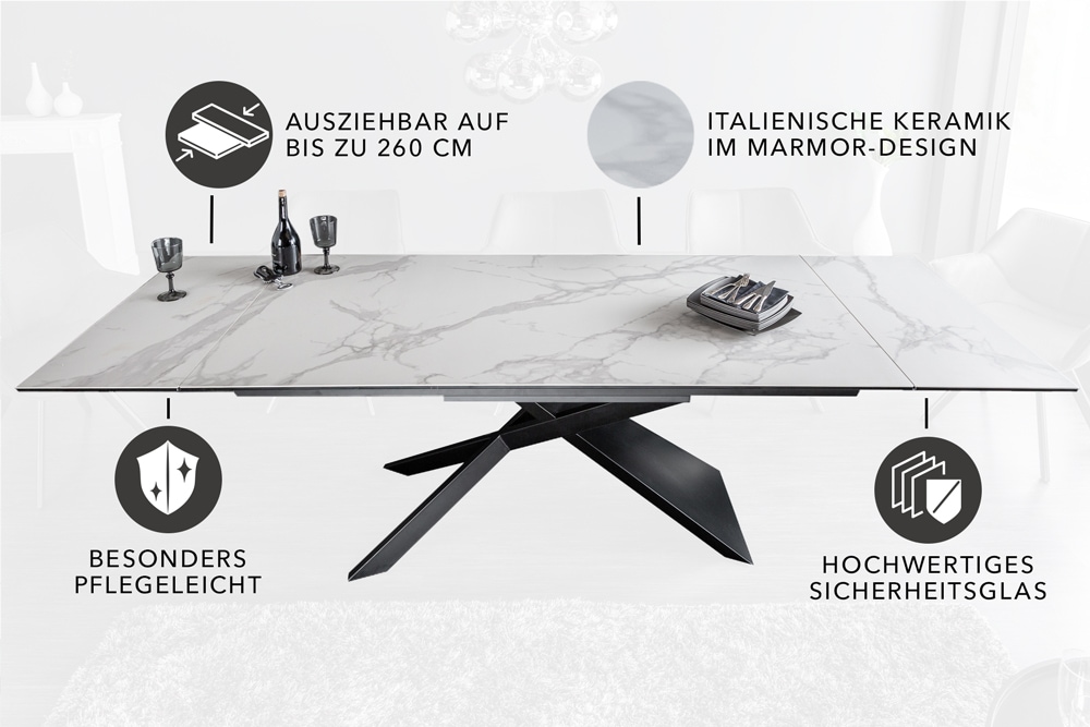 Ausziehbarer Esstisch EUPHORIA 180-220-260cm Marmor weiß Keramik made in Italy