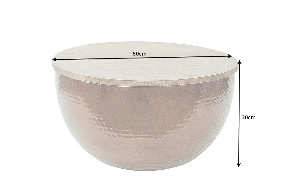 Runder Couchtisch ORIENT STORAGE 60cm kupfer Hammerschlag handmade Akazienholz mit Stauraum