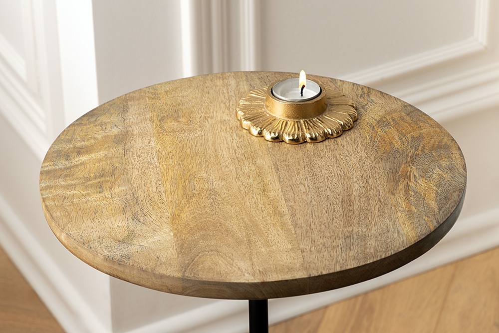 Runder Beistelltisch TRAYFUL 55cm natur Mangoholz Massivholz Marmorfuß Metall schwarz