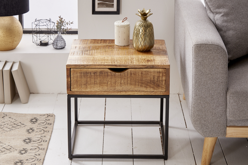 Industrial Nachttisch IRON CRAFT 45cm Mangoholz mit Schublade Beistelltisch