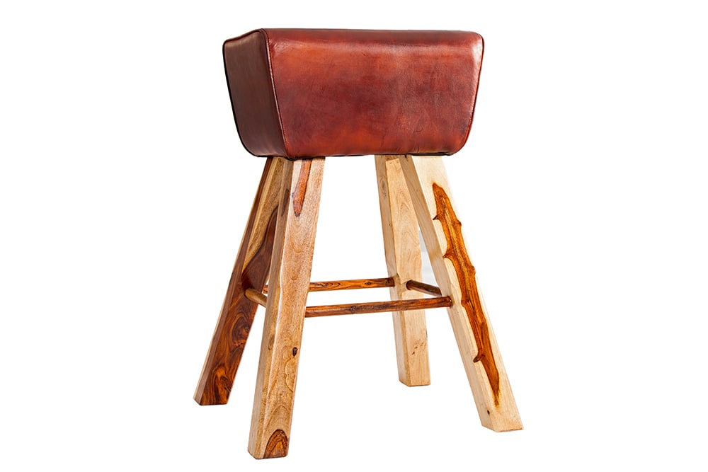 Retro Barhocker TURNBOCK 75cm mit Echtleder Bezug Mangoholz Barstuhl
