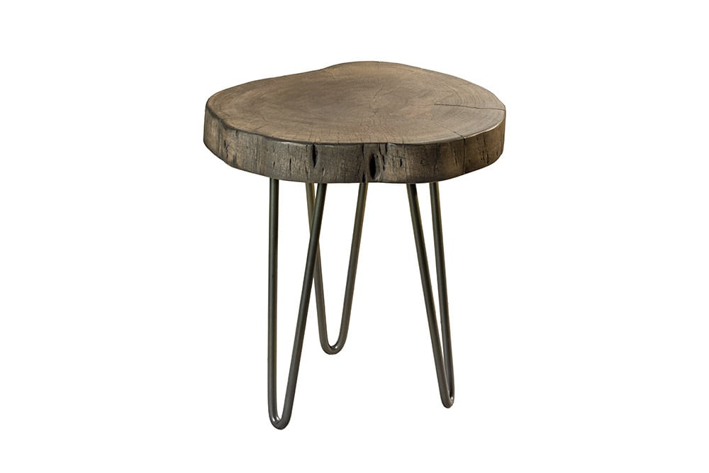Runder Beistelltisch GOA 45cm grau Akazie Massivholz Baumscheibe Hairpin Legs Metall