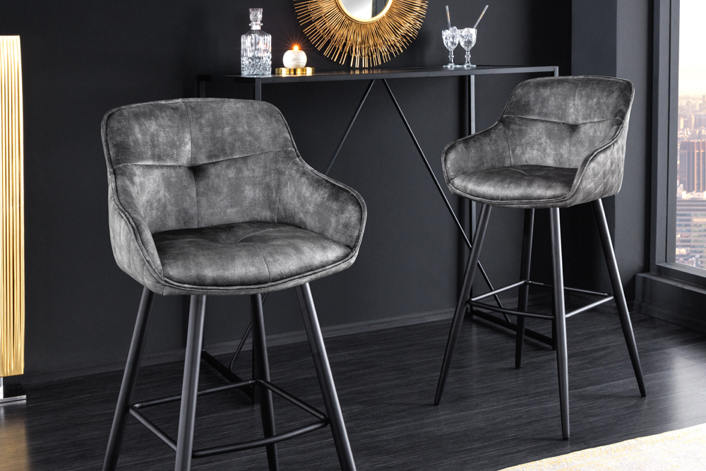 Design Barhocker EUPHORIA grau Samt schwarze Metallbeine Barstuhl mit Lehne