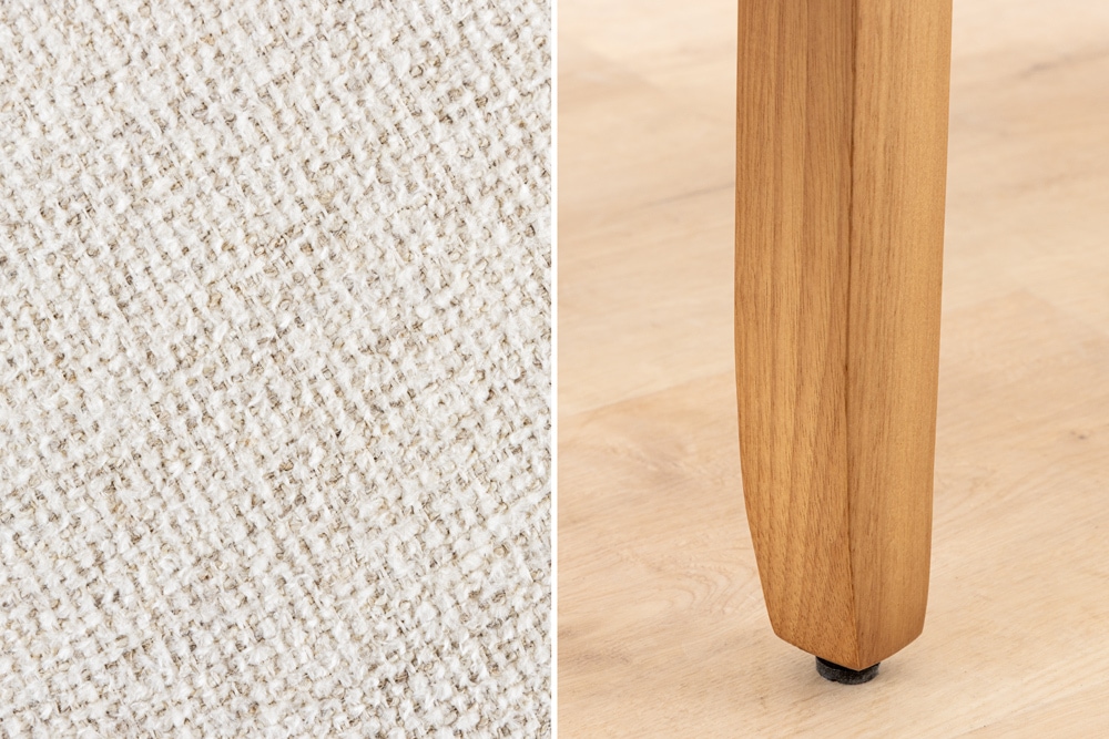 Design Stuhl CASA beige Bouclé Tweed Soft Massivholzbeine Zierknöpfe und Nackenrolle