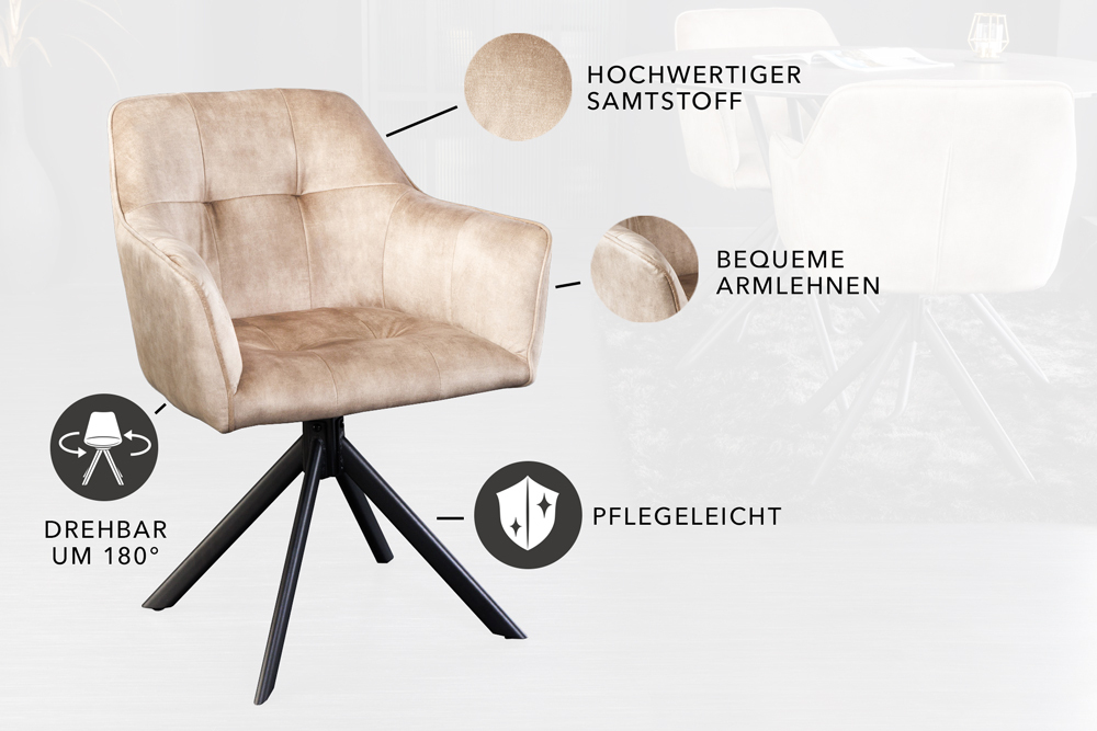 Design Stuhl LOFT champagner Samt drehbar Metallgestell schwarz mit Armlehne