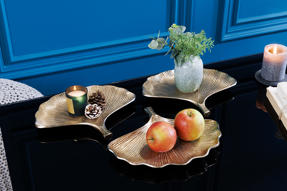 Dekoratives Schalen 3er Set GINKGO 30cm gold handmade Metall