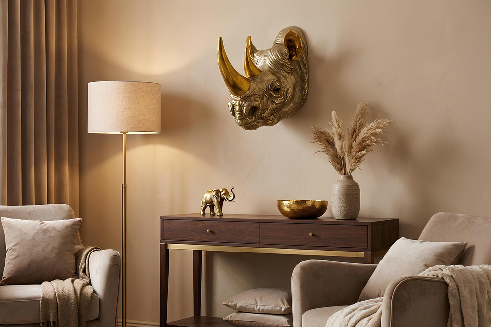 Deko-Wandfigur RHINO 40cm gold handmade Nashorn-Skulptur