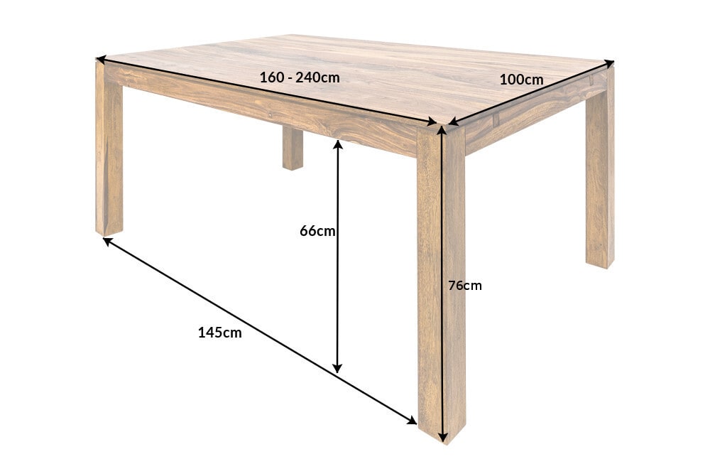 Massivholz Esstisch PURE 160-240cm braun Sheesham stone finish mit Ansteckplatten