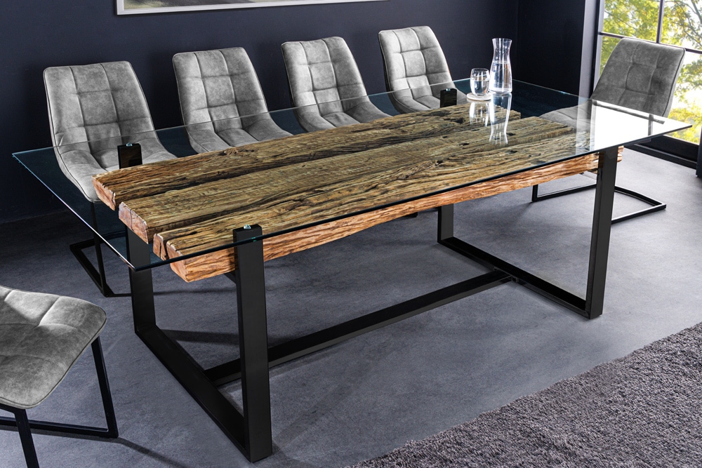 Design Glas Esstisch BARRACUDA 220cm natur Teak Massivholz schwarz Kufengestell