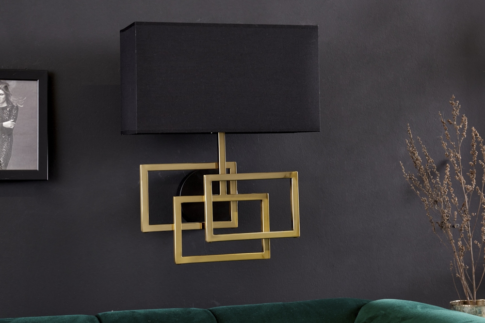 Moderne Wandleuchte ATLANTIS 44cm gold Stoffschirm schwarz Lampe