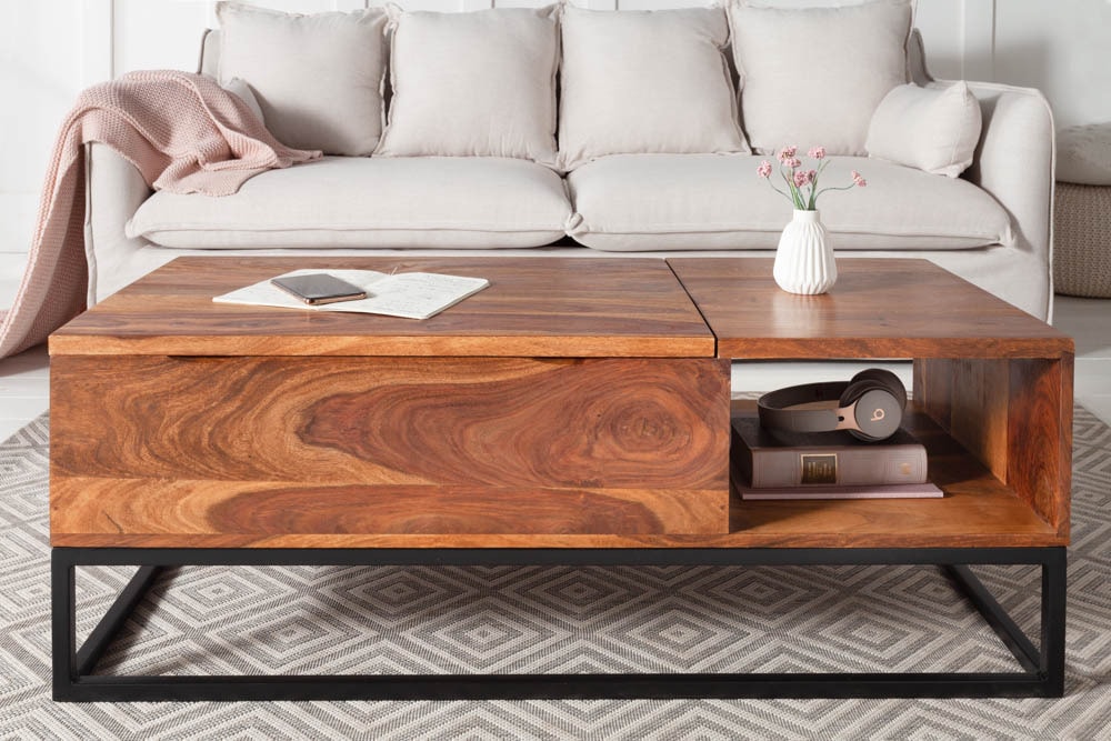 Höhenverstellbarer Couchtisch MAKASSAR FUNCTION 110cm braun Sheesham Massivholz stone finish