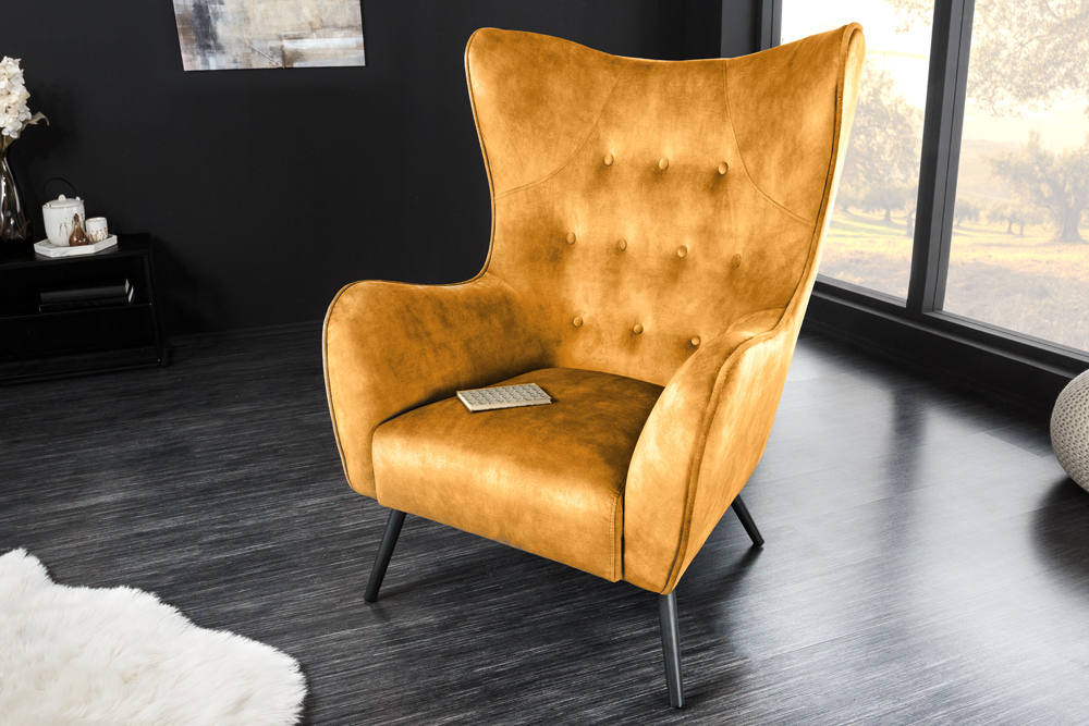 Design XL Sessel AMSTERDAM senfgelb Samt schwarze Metallbeine Retro Stil