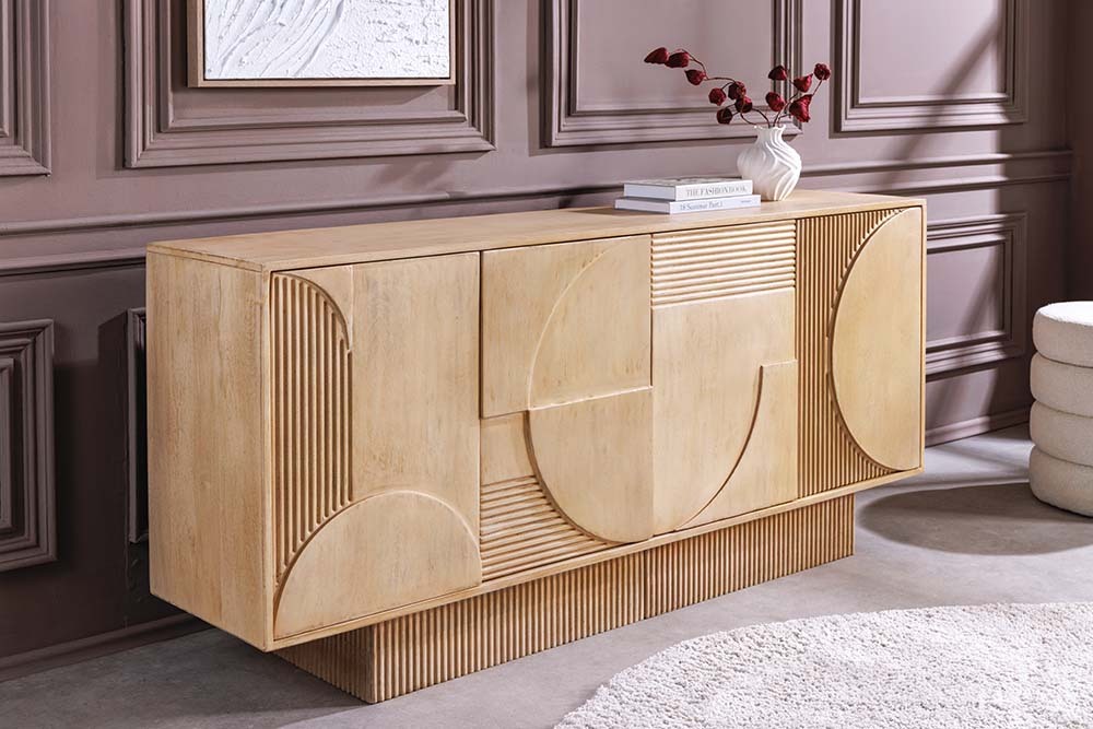 Massives Sideboard ART DECO 170cm weiß gekälkt Mangoholz 3D-Front handmade