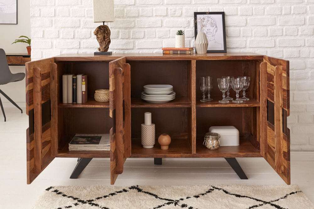 Massivholz Sideboard AMAZONAS 150cm braun Sheesham Baumkante schwarzes Metallgestell Massivholz Sideboard AMAZONAS 150cm braun Sheesham Baumkante schwarzes Metallgestell