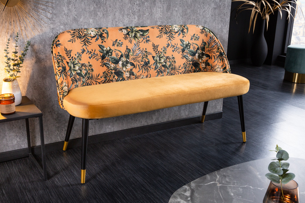 Design Bank PRÊT-À-PORTER gelb Samt florales Muster und goldene Fußkappen