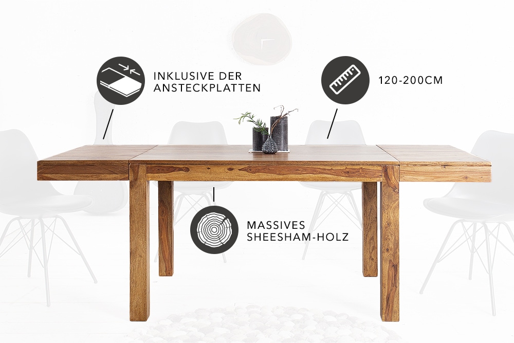 Massiver Holz Esstisch PURE 120-200cm braun Sheesham stone finish mit Ansteckplatten