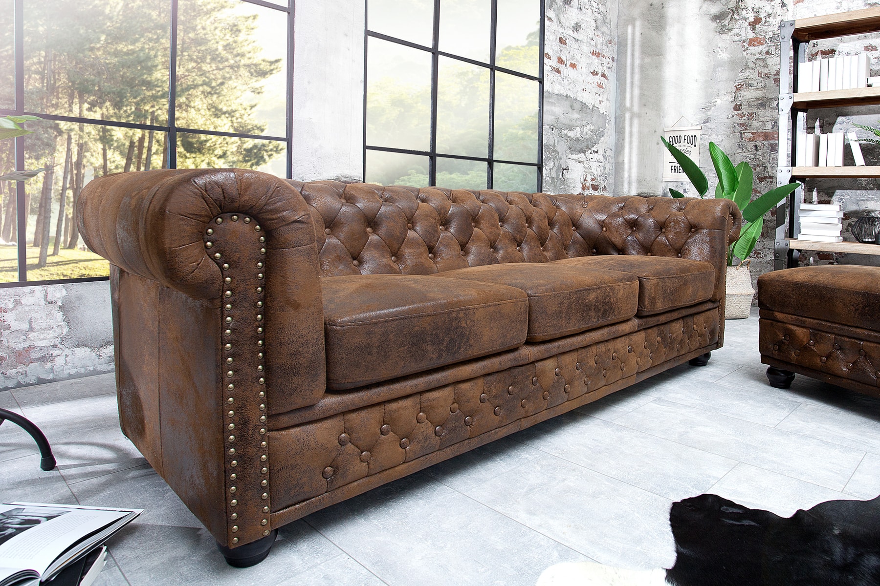 Chesterfield 3-Sitzer Sofa 205cm antik braun Microfaser Federkern Knopfheftung