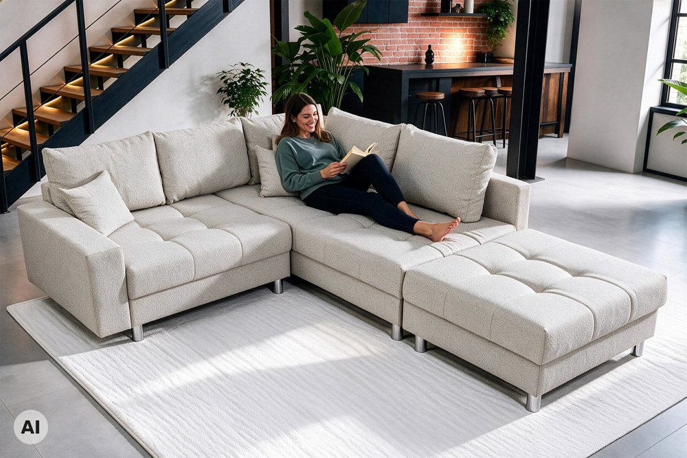 Wohnlandschaft KENT 220cm beige Strukturstoff Ecksofa Federkern inkl. Hocker Wohnlandschaft KENT 220cm beige Strukturstoff Ecksofa Federkern inkl. Hocker