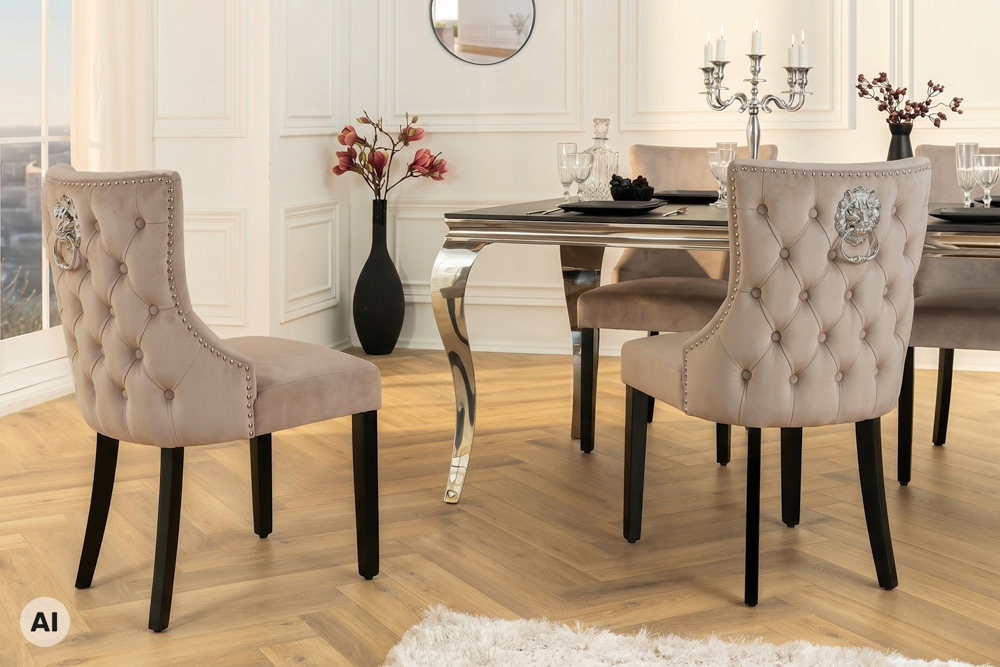 Chesterfield Stuhl CASTLE DELUXE cappuccino Samt mit Löwenkopf Nieten