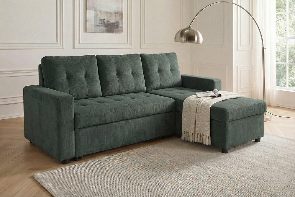 Ecksofa mit Schlaffunktion APARTMENT beidseitig aufbaubar grün Cord inkl. Stauraum