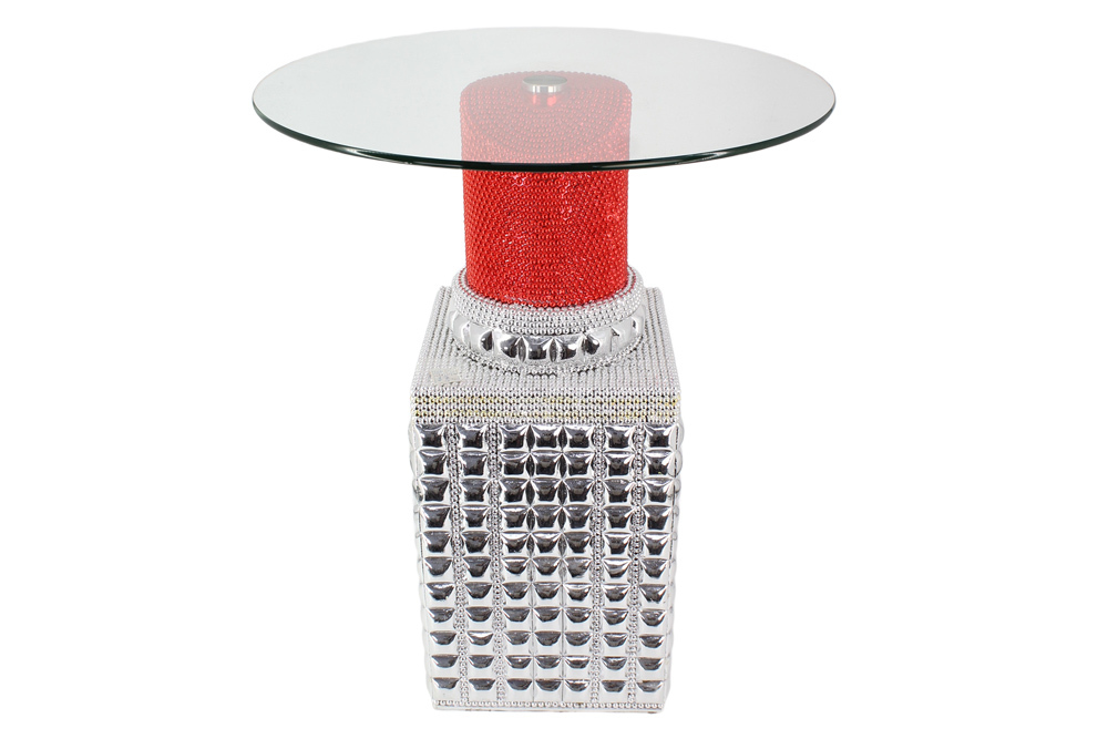 Handgefertigter Bistrotisch LIPSTICK 75cm rot silber runde Tischplatte Glas