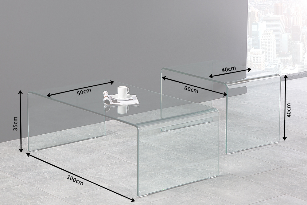 Hochwertiges 2er Set Glas Couchtisch FANTOME 100cm transparent
