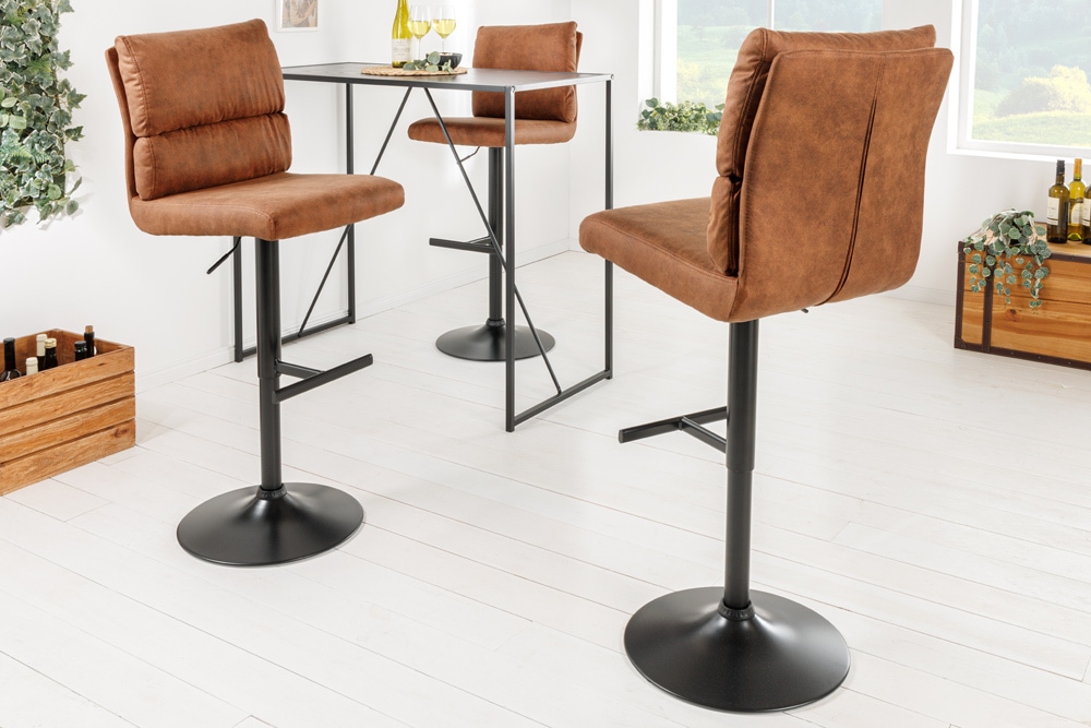 Höhenverstellbarer Barhocker COMFORT antik braun Microfaser drehbar mit Lehne Metall schwarz