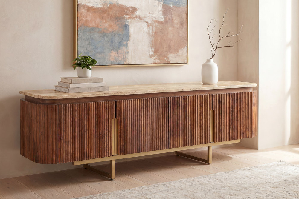 Design TV-Board GATSBY 160cm braun gold Mangoholz mit Travertin Metallgestell