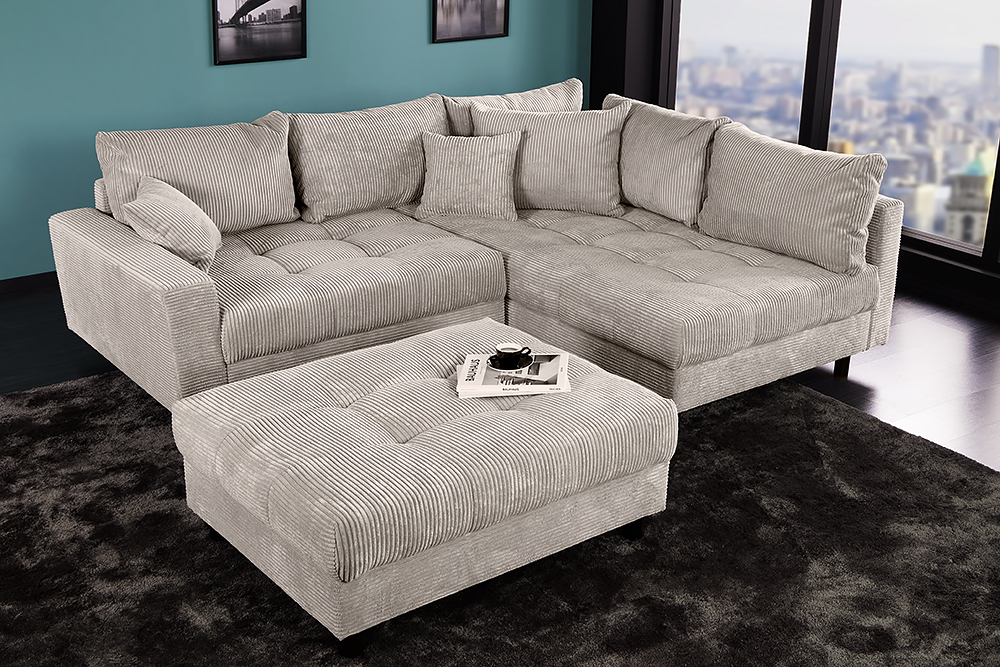 Modernes Ecksofa KENT 220cm greige Cord inkl. Hocker Federkern L-Form Wohnlandschaft