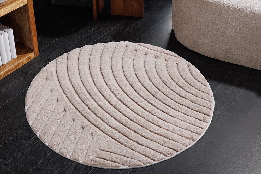 Runder 3D strukturierter Kurzflor Teppich ART DECO 80cm beige creme Hoch-Tief-Effekt