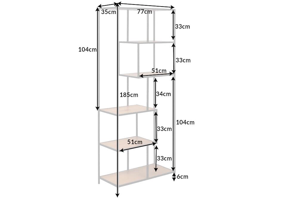 Industrial Bücherregal SLIM LINE 185cm Wildeiche schwarz sechs Regalböden