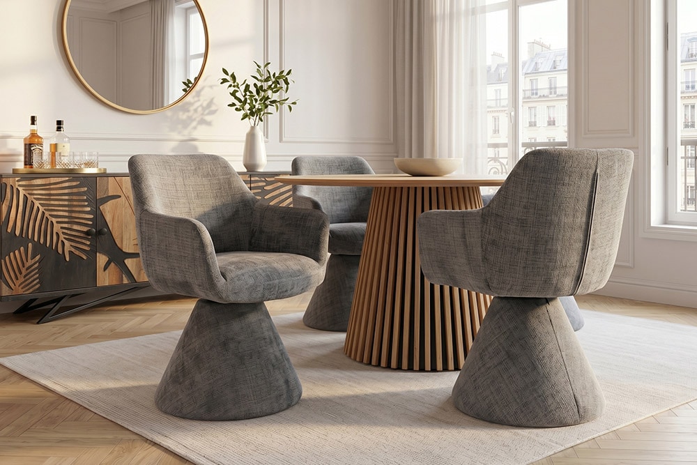 Drehbarer Stuhl AMBIENTO grau Bouclé 180° mit Auto-Return Polsterstuhl