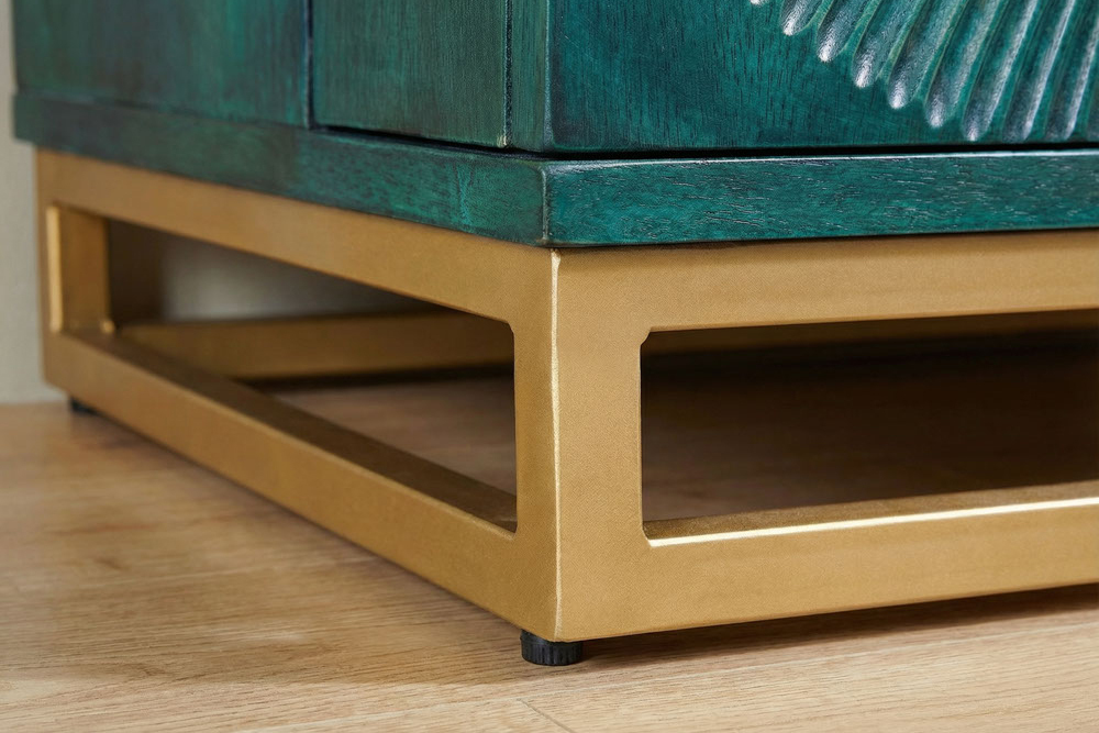 Handgearbeiteter Barschrank GOLDEN SUNSET 140cm türkis Mangoholz massiv