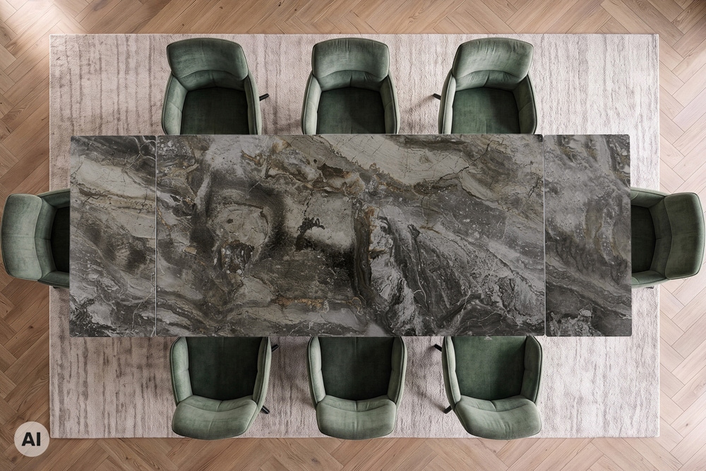 Design Esstisch DIAMOND 180-260cm taupe Keramik Metallgestell schwarz