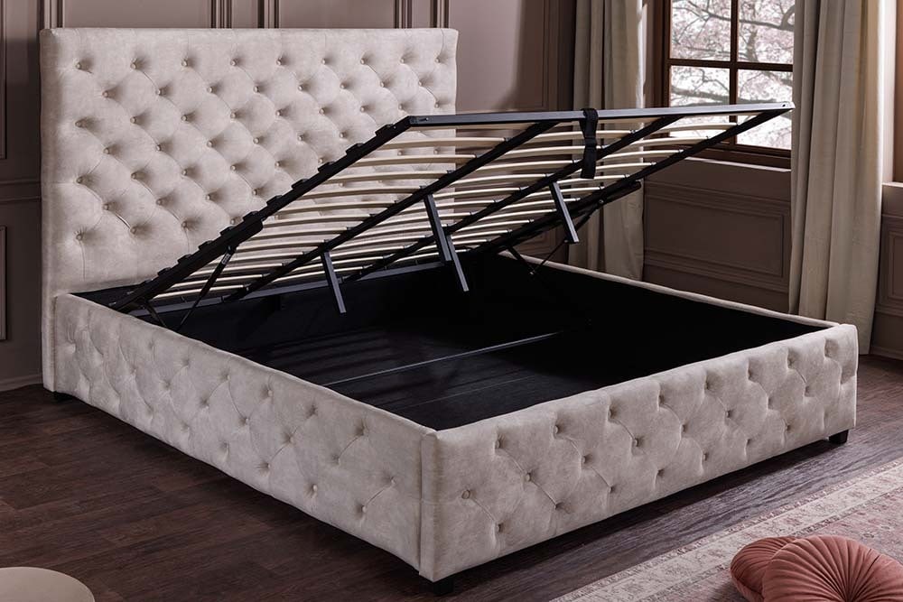 Design Boxbett PARIS 180x200cm champagner beige Samt mit Stauraum und Lattenrost