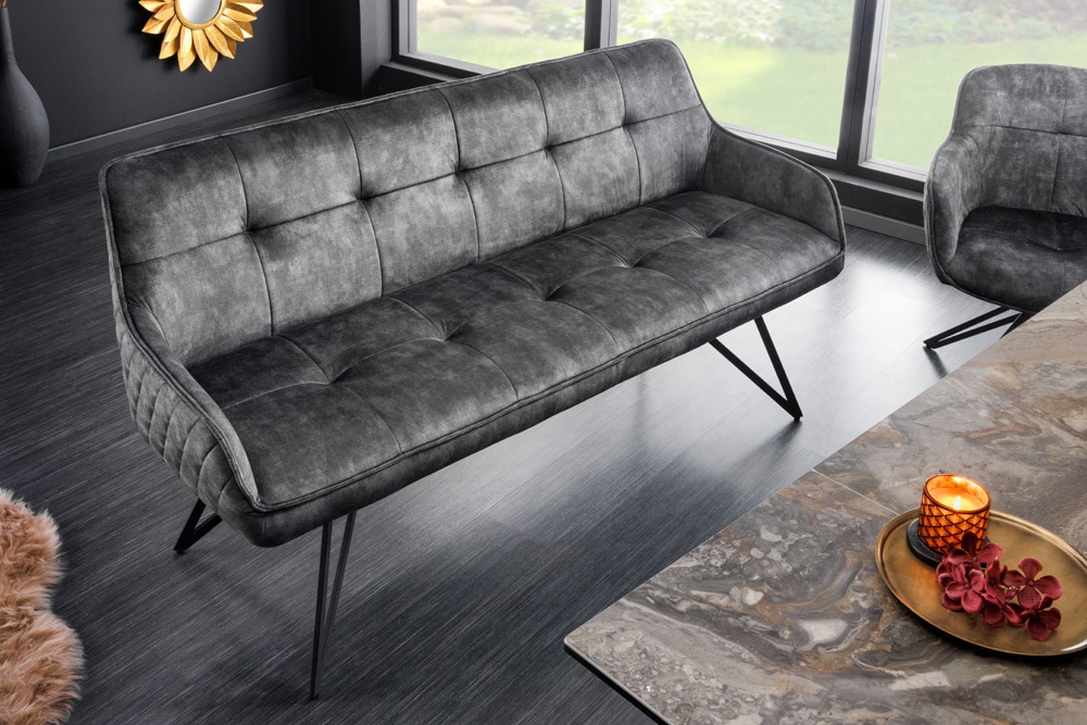 Design Sitzbank EUPHORIA 160cm dunkelgrau Samt Retrostil Ziersteppung Hairpin Legs Metallbeine Armlehnen