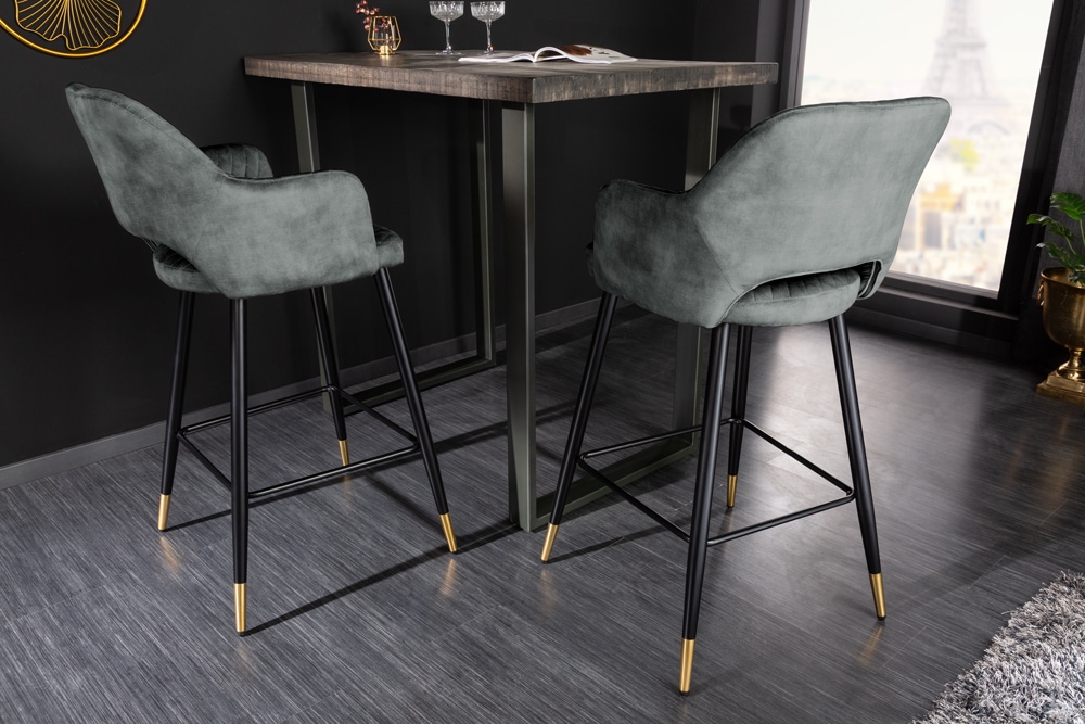 Design Barhocker PARIS grün Samt mit Lehne Metall schwarz gold Ziersteppung