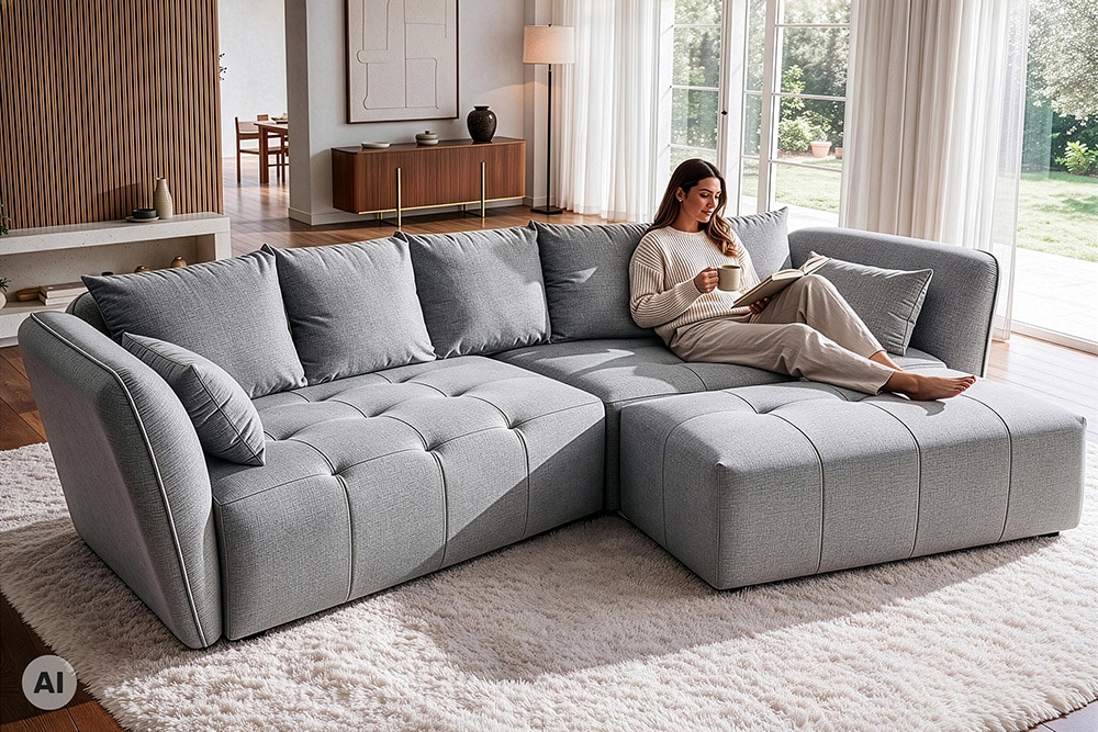 Moderner Hocker ROYAL 120cm grau Veloursstoff Federkern Sitzhocker