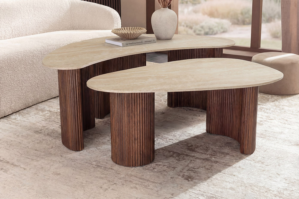 2er Set Couchtische OSAKA 120cm champagner greige Travertin Keramik Walnuss