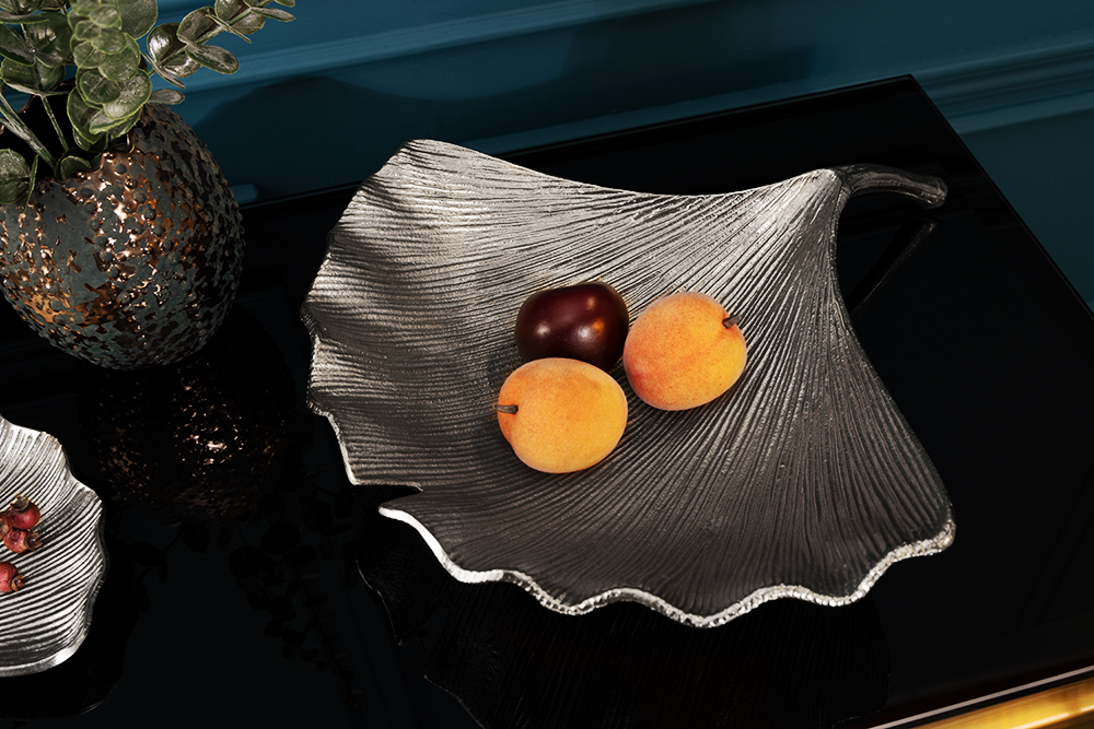Dekorative Schale GINKGO 45cm silber handmade Metall