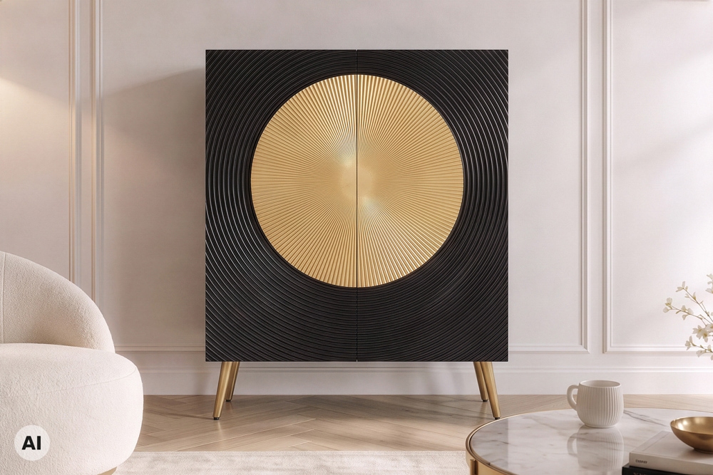 Massives Highboard AURUM 120cm schwarz Mangoholz mit ikonischem Gold-Element